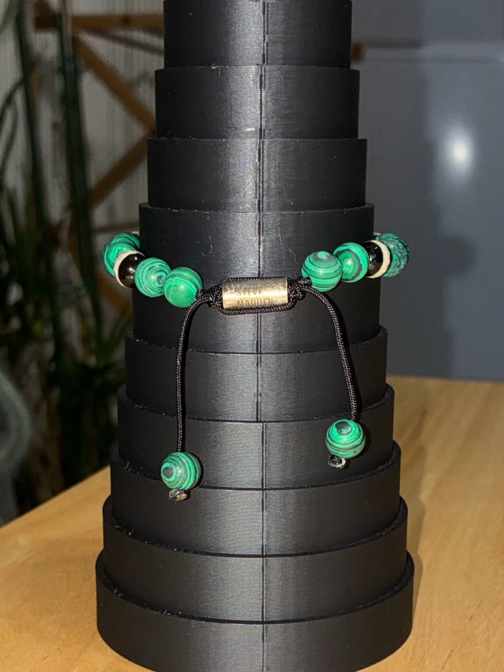 Steve Madden Malachite & Black Onyx Bead Anchor Charm Adjustable Bracelet
